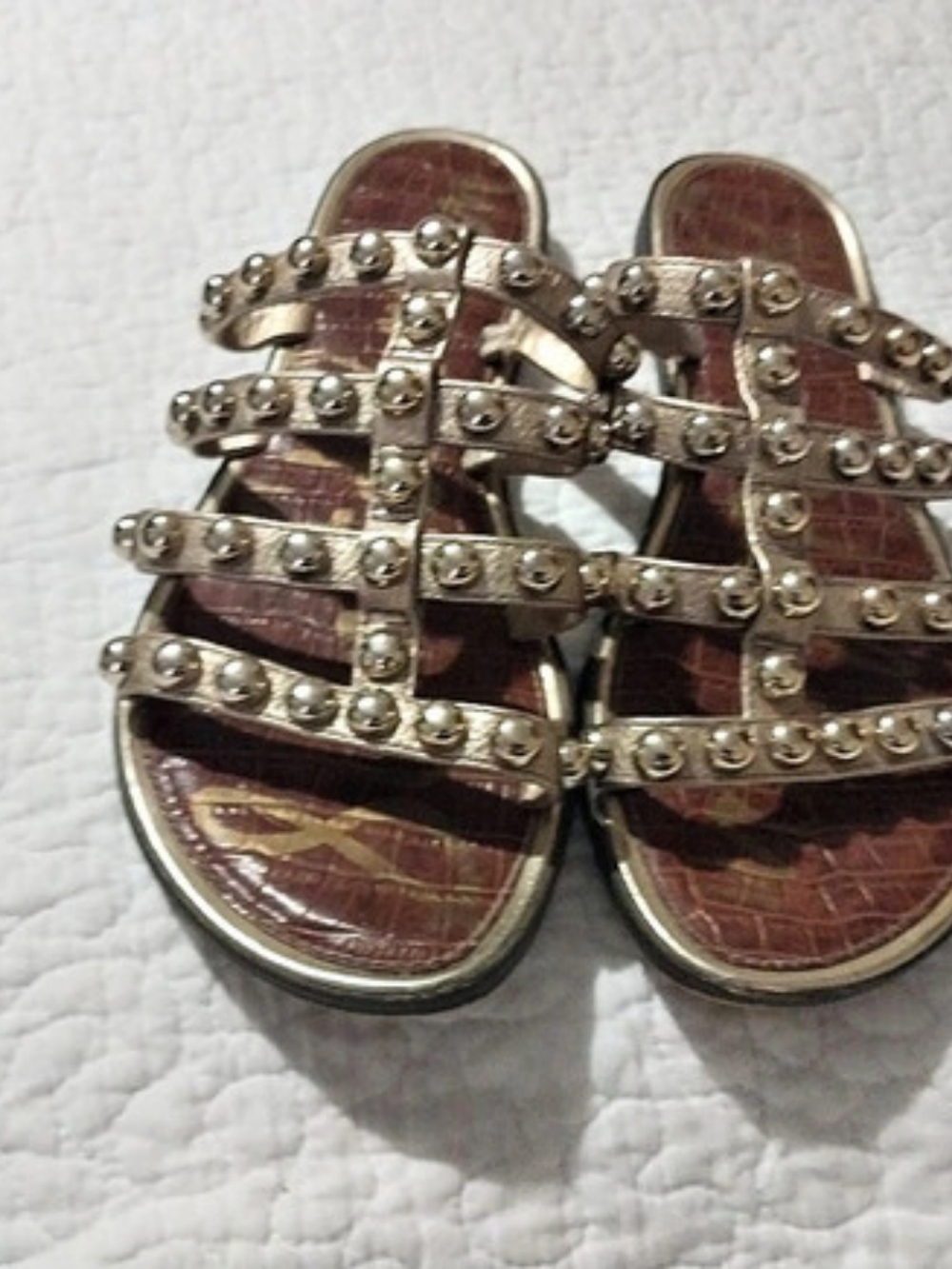 Sam Edelman Metalic Gold Studed Strappy Flat Slide Sandals in Brown Sz 7.5